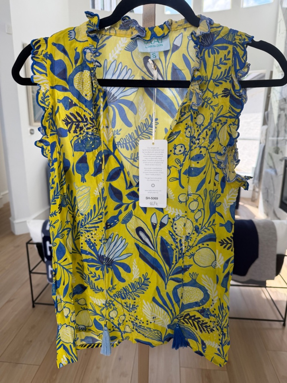 TAJ by Sabrina Crippa Laurel Top | Size Small | Yellow Blue Floral Beaded Blouse